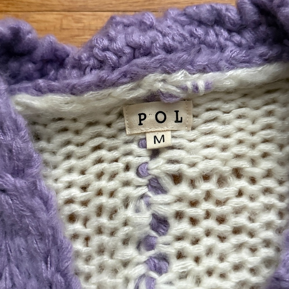 LUXE By POL Clothing Ivory Lavender Acrylic Cardigan with Pom Pom Floral Accent - Picture 4 of 4